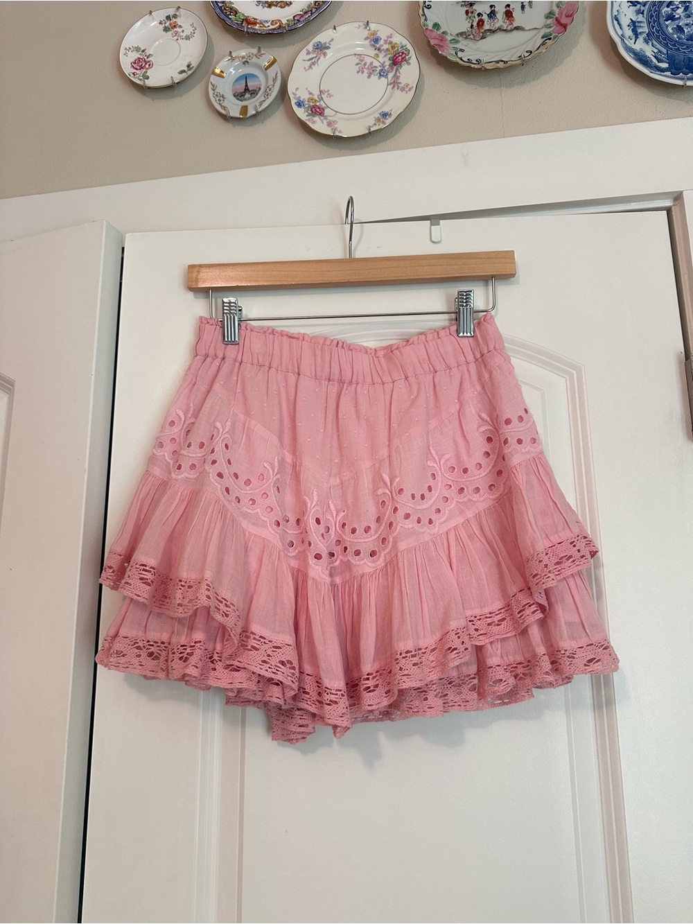 LoveShackFancy Briella pink eyelet lace mini skirt